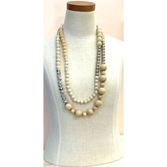Layered Mixed Bead Necklace With Beige and Silver Tones Adjustable Clasp - Picture 7 of 8